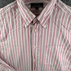 Faconnable Long Sleeve Button Up Shirt Men Large Pink White Striped W/ Pocket